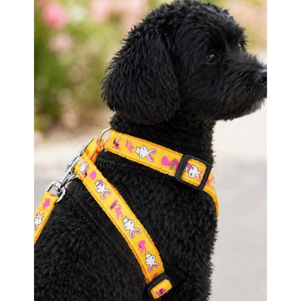 Dog Harness & Leash Set Adjustable Small / Medium Dogs Yellow Bunny Print NEW